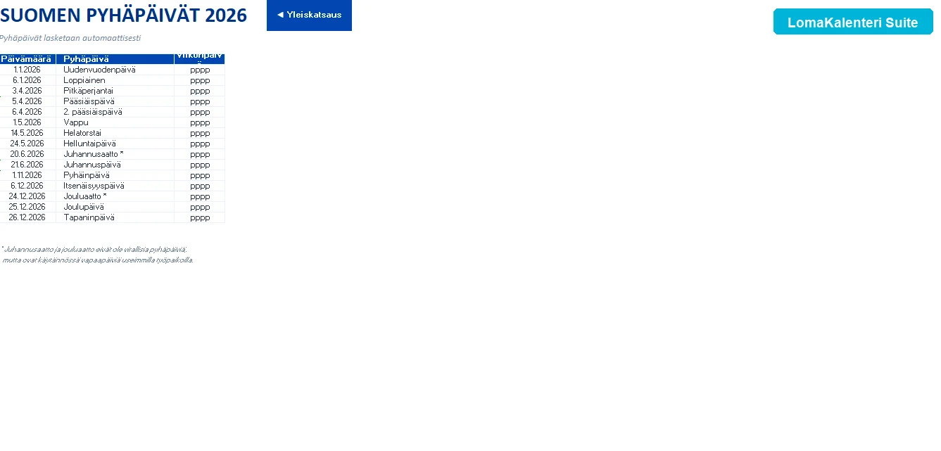 Suomalaiset arkipyhät Excel-lista