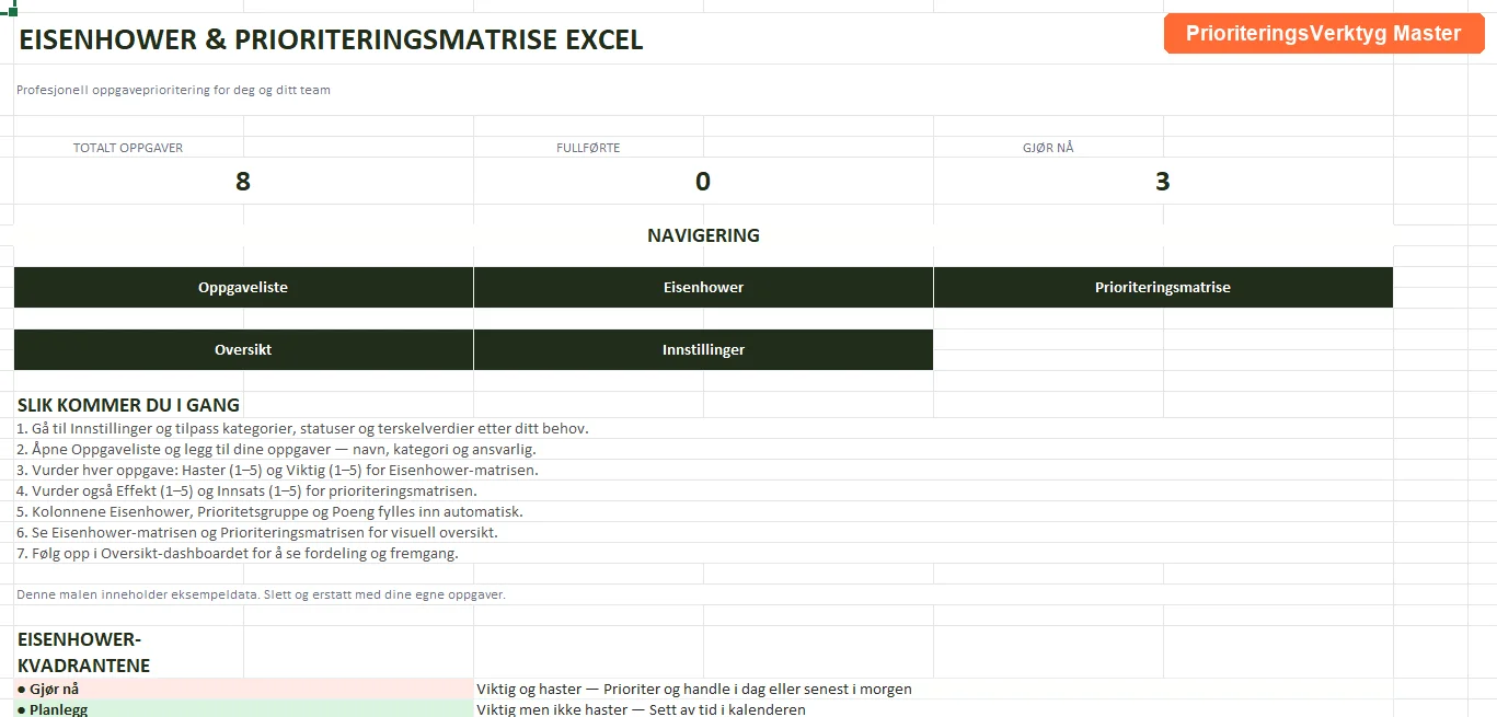 Startside med hurtigveiledning