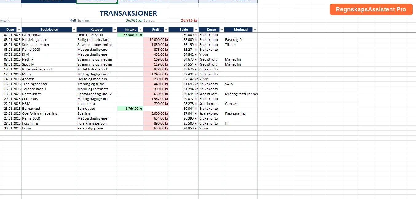Transaksjonslogg med automatiske kategorier