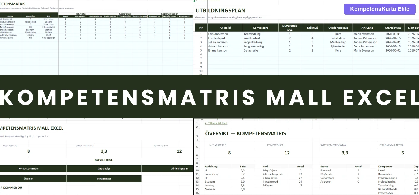KompetensKarta Elite kompetensmatris i Excel med gap-analys och översikt